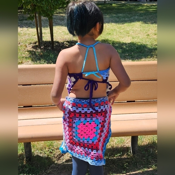 Hand Crafted crochet halter top split dress open back swim coverup multicolored - Picture 12 of 17